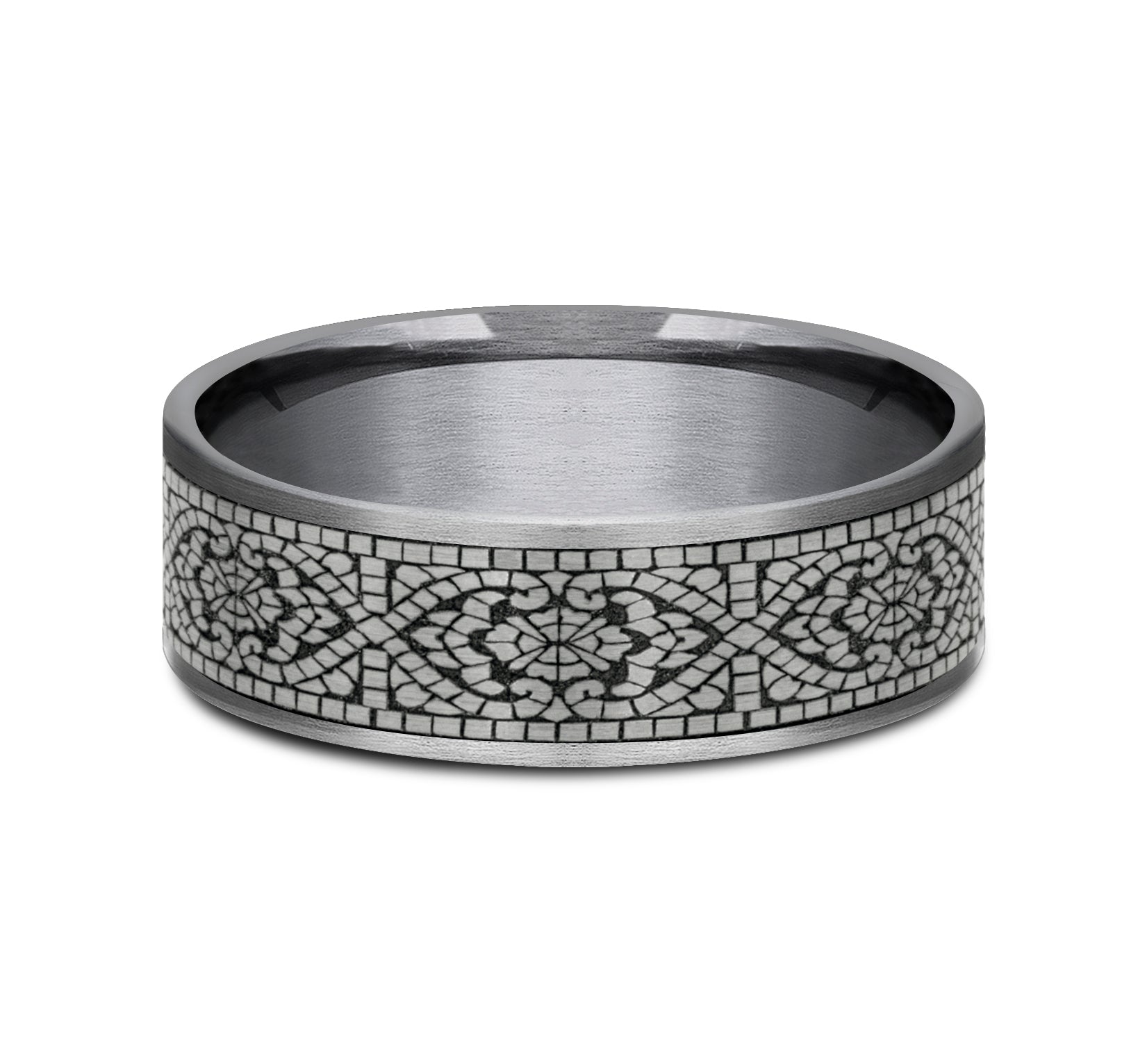 THE BURANO 7.5mm, Comfort fit, Grey Tantalum and Grey/Black Titanium, Mosaic patterned center, thin edges