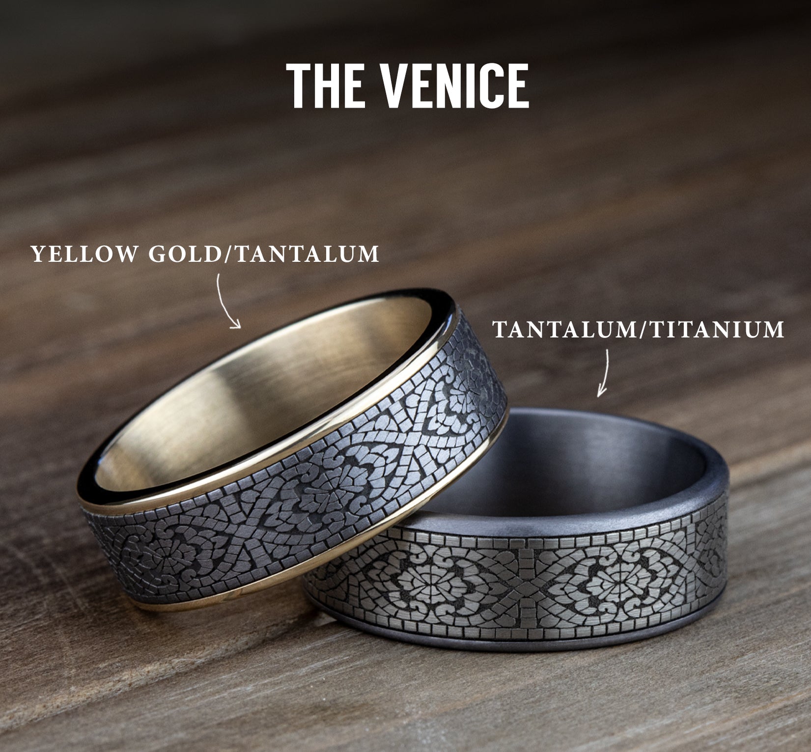 THE BURANO 7.5mm, Comfort fit, Grey Tantalum and Grey/Black Titanium, Mosaic patterned center, thin edges