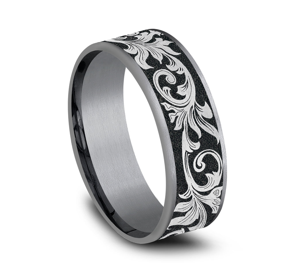 THE PRINCE 7.5mm, Comfort fit, Grey Tantalum and Grey/Black Titanium, Vintage script pattern, thin edges
