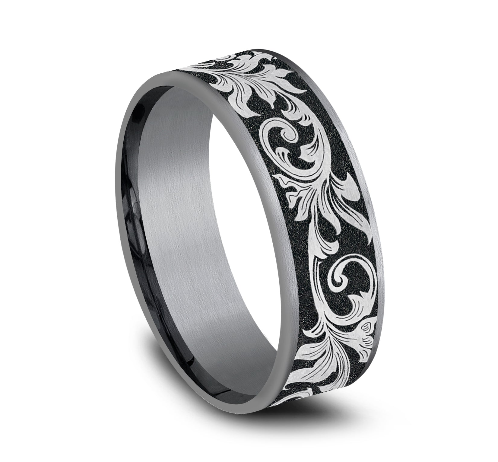 THE PRINCE 7.5mm, Comfort fit, Grey Tantalum and Grey/Black Titanium, Vintage script pattern, thin edges