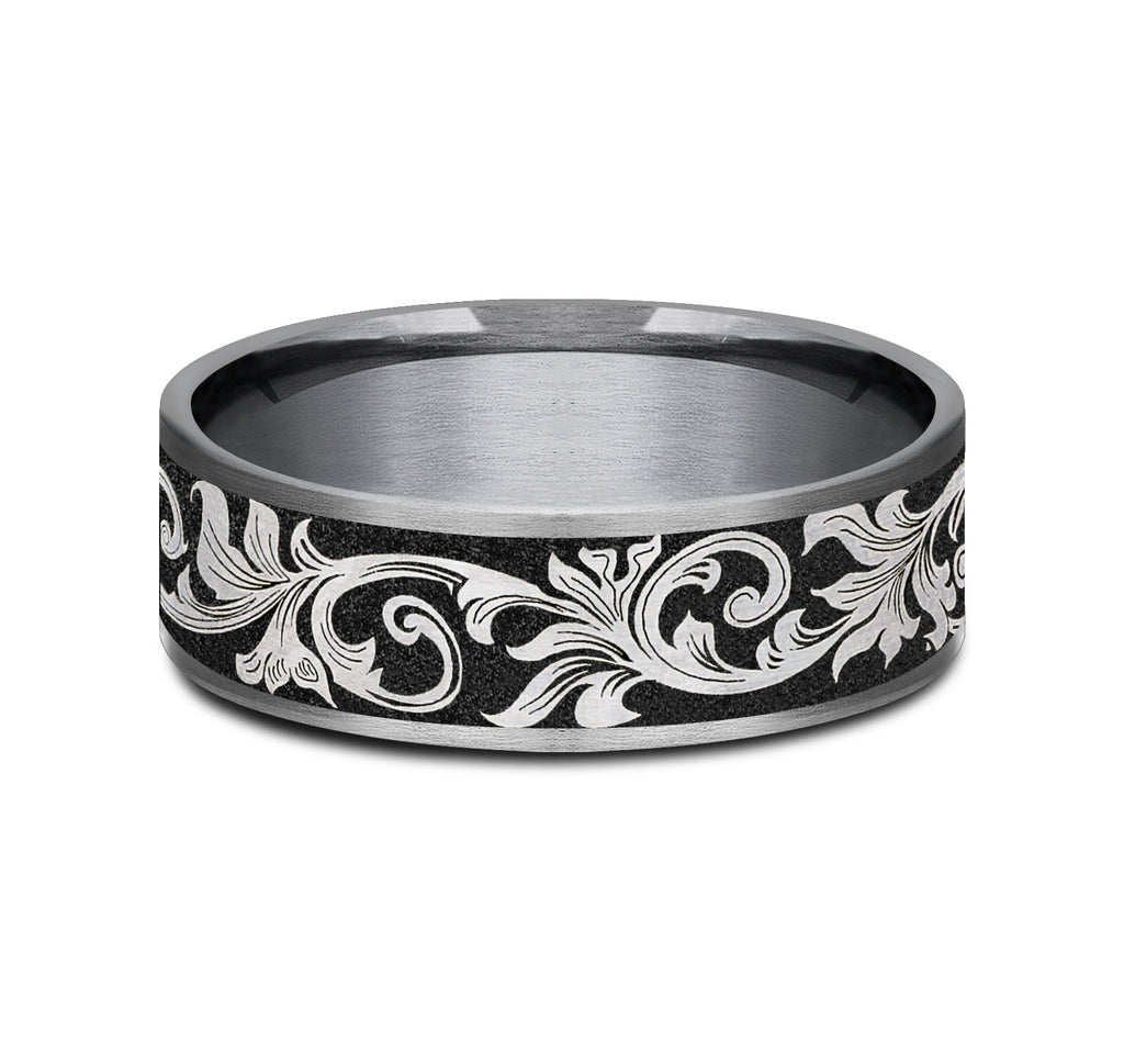 THE PRINCE 7.5mm, Comfort fit, Grey Tantalum and Grey/Black Titanium, Vintage script pattern, thin edges