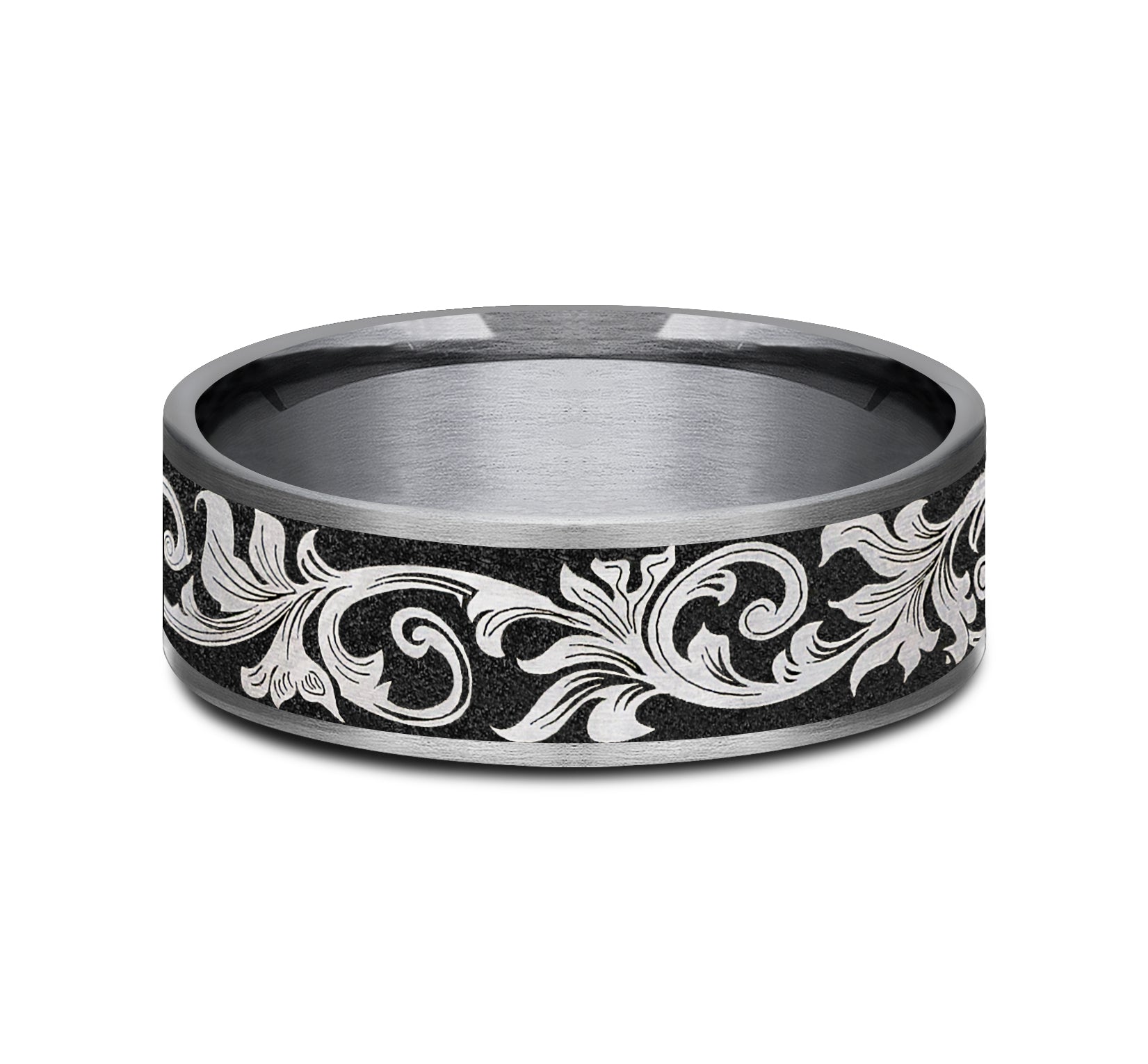 THE PRINCE 7.5mm, Comfort fit, Grey Tantalum and Grey/Black Titanium, Vintage script pattern, thin edges
