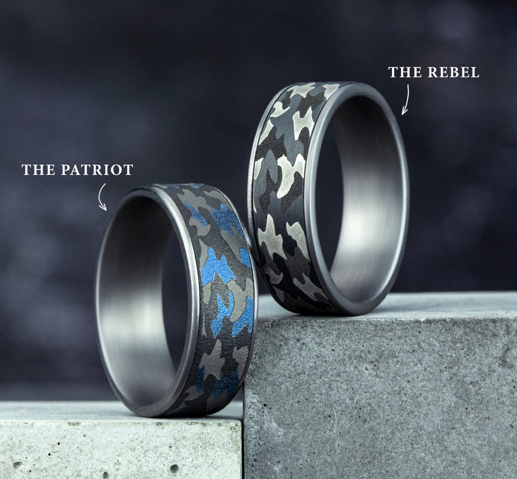 THE PATRIOT 7.5mm, Comfort fit, Grey and Darkened Tantalum, Camouflage patterned center, thin edges