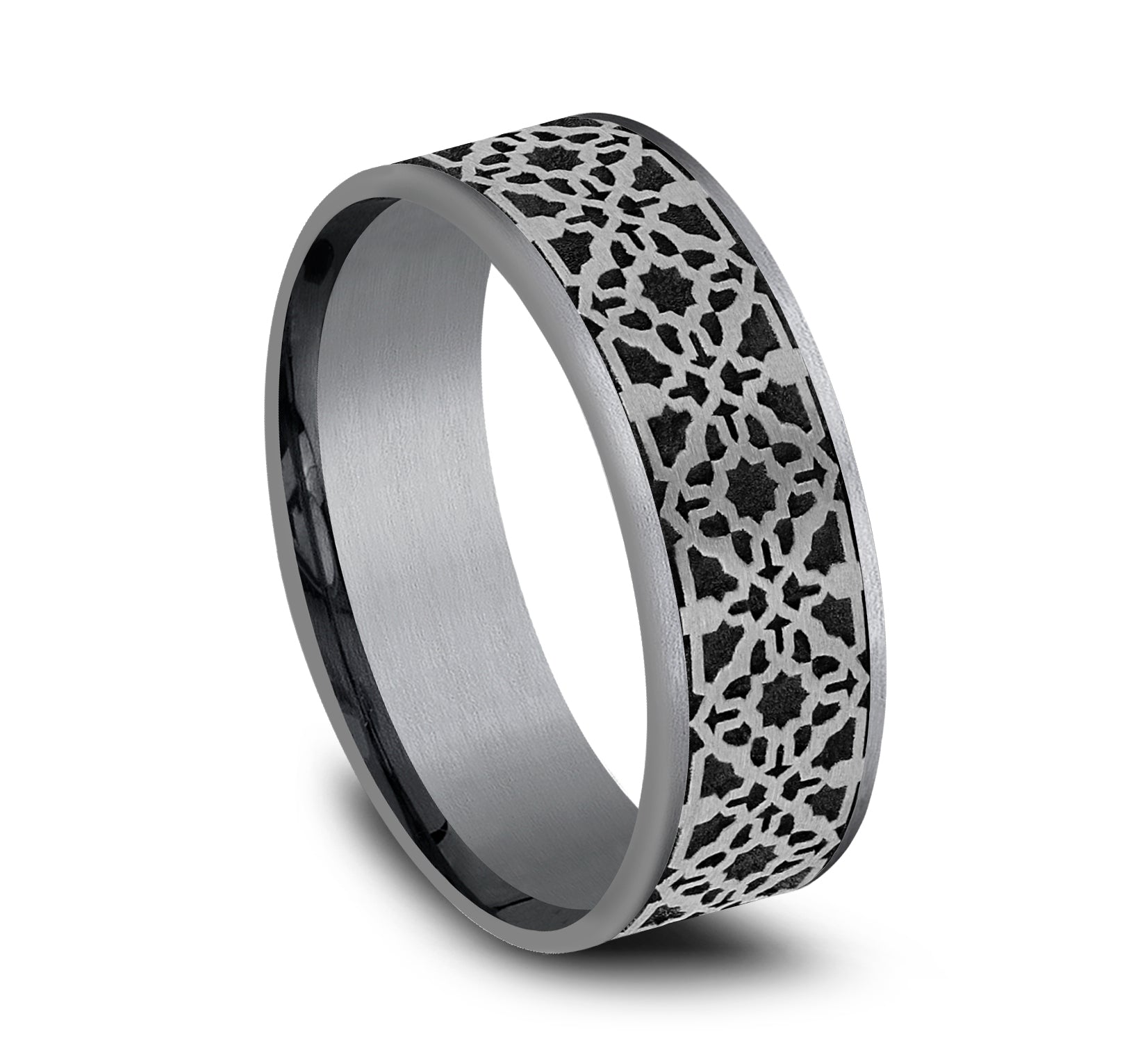 THE AZTEC 7.5mm, Comfort fit, Grey Tantalum and Grey/Black Titanium, Aztec pattern, thin edges