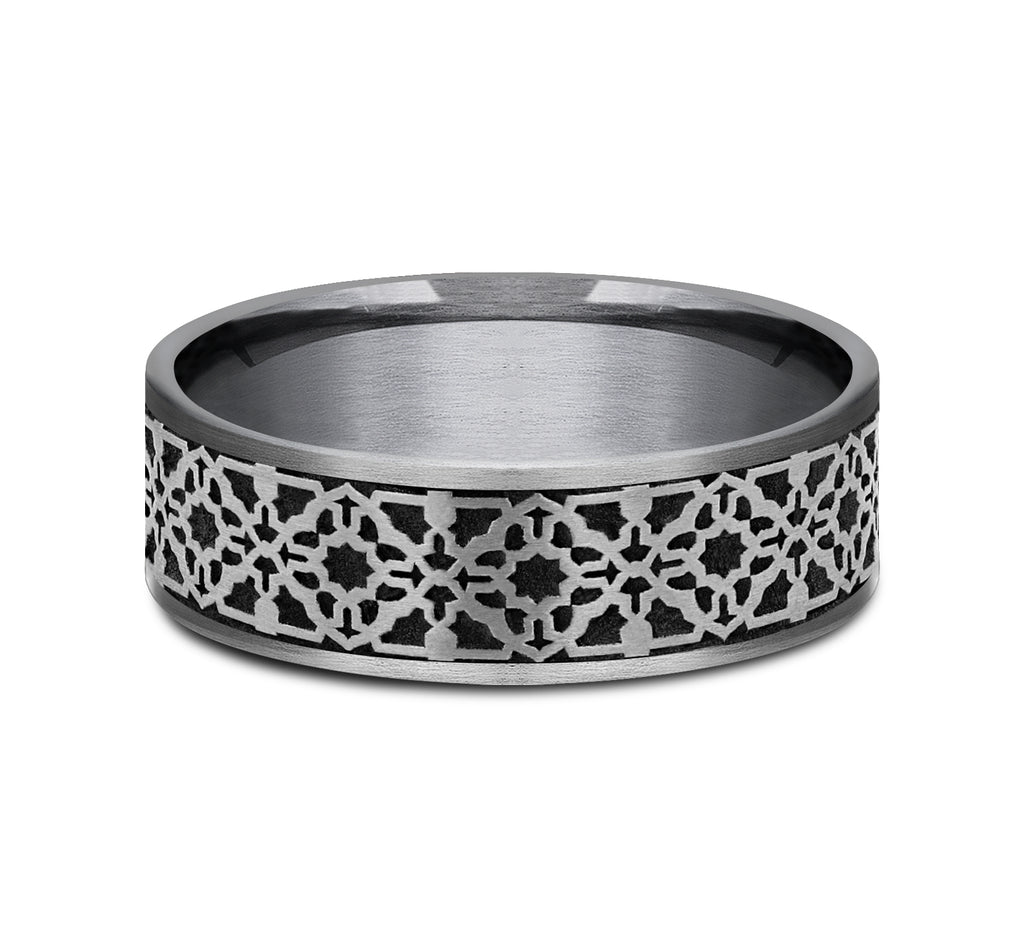 THE AZTEC 7.5mm, Comfort fit, Grey Tantalum and Grey/Black Titanium, Aztec pattern, thin edges