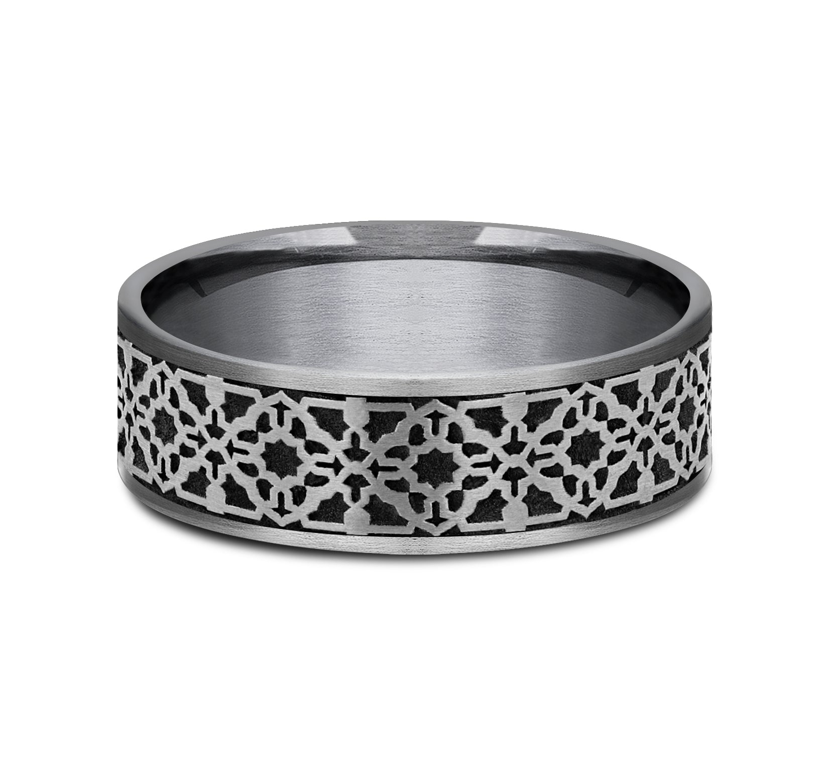 THE AZTEC 7.5mm, Comfort fit, Grey Tantalum and Grey/Black Titanium, Aztec pattern, thin edges