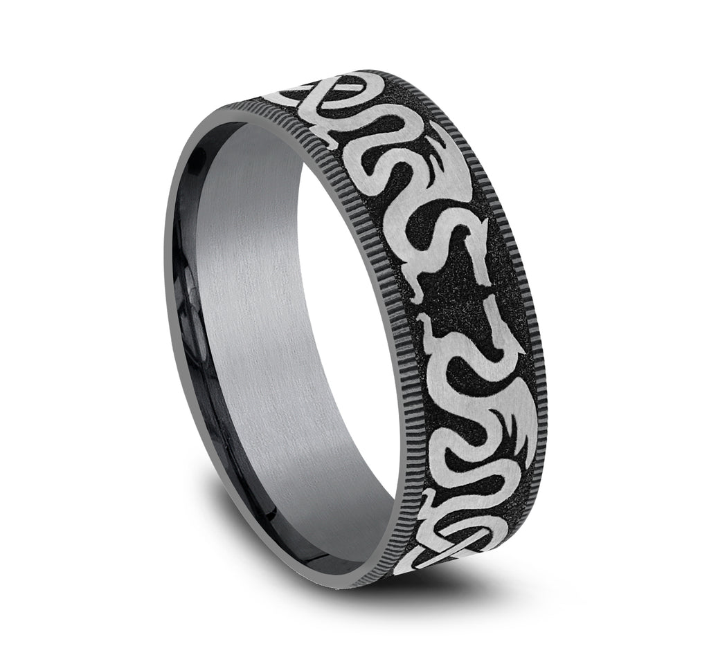 THE DRAGON 7.5mm, Comfort fit, Grey Tantalum and Grey/Black Titanium, Dragon and celtic knot design, thin edges
