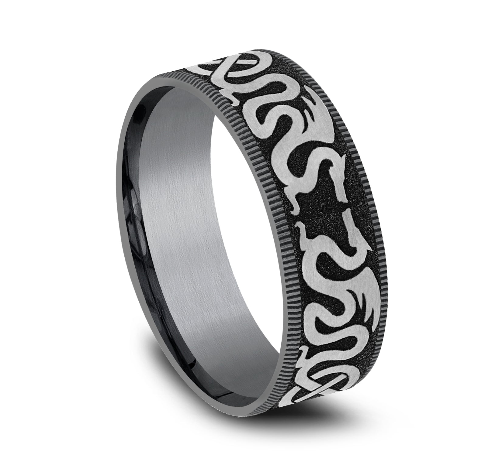 THE DRAGON 7.5mm, Comfort fit, Grey Tantalum and Grey/Black Titanium, Dragon and celtic knot design, thin edges
