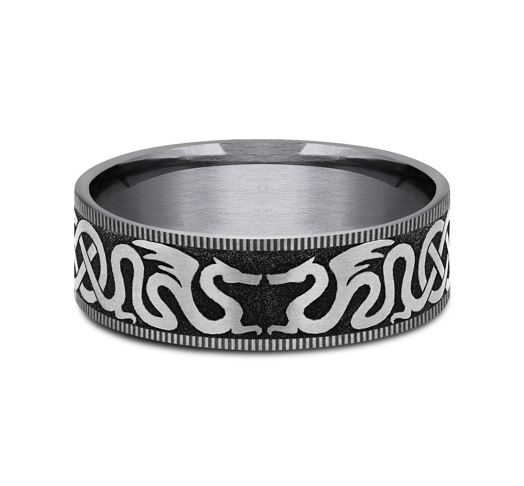 THE DRAGON 7.5mm, Comfort fit, Grey Tantalum and Grey/Black Titanium, Dragon and celtic knot design, thin edges