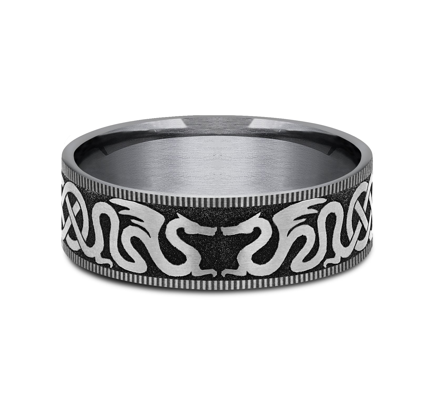THE DRAGON 7.5mm, Comfort fit, Grey Tantalum and Grey/Black Titanium, Dragon and celtic knot design, thin edges