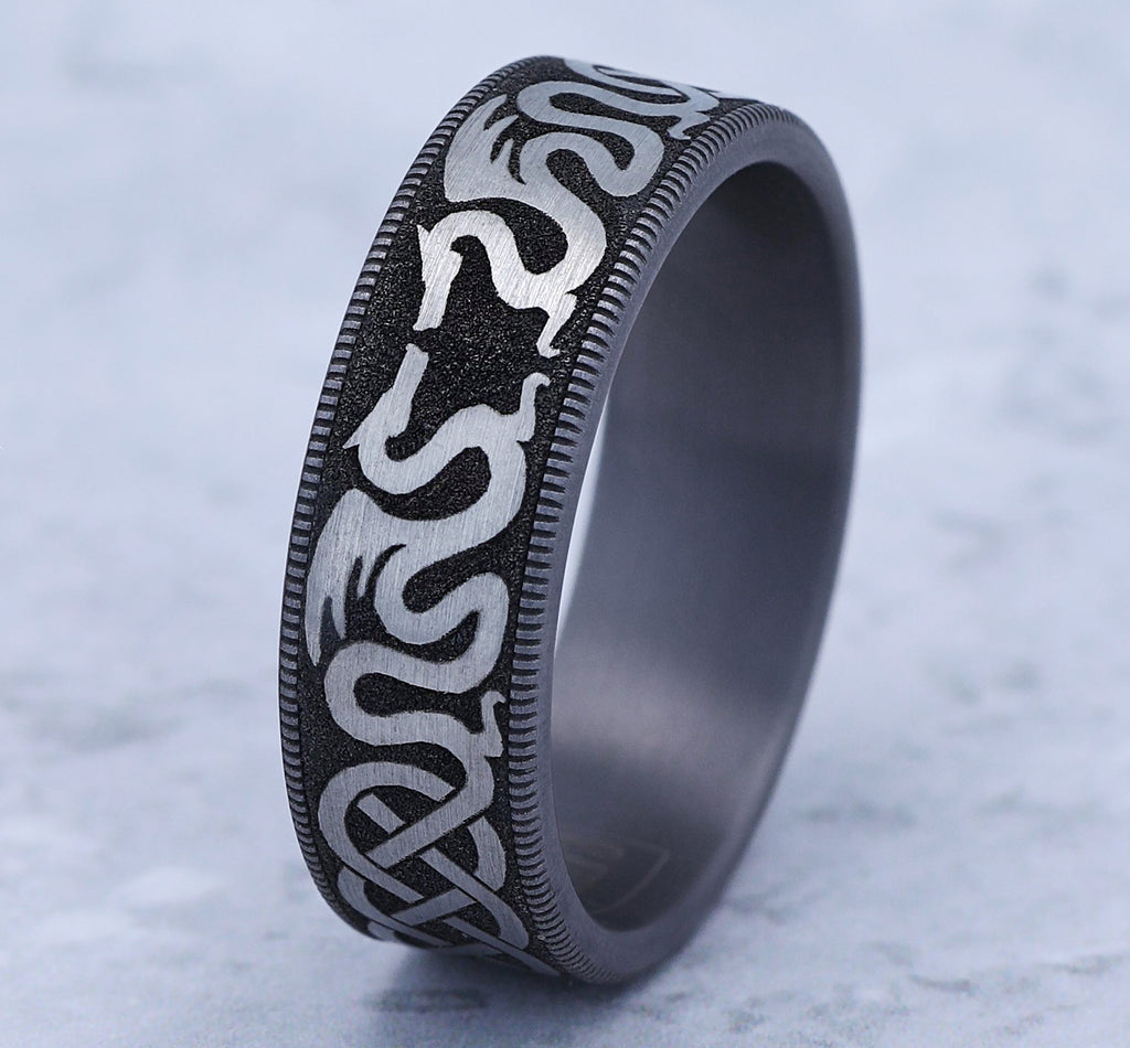 THE DRAGON 7.5mm, Comfort fit, Grey Tantalum and Grey/Black Titanium, Dragon and celtic knot design, thin edges