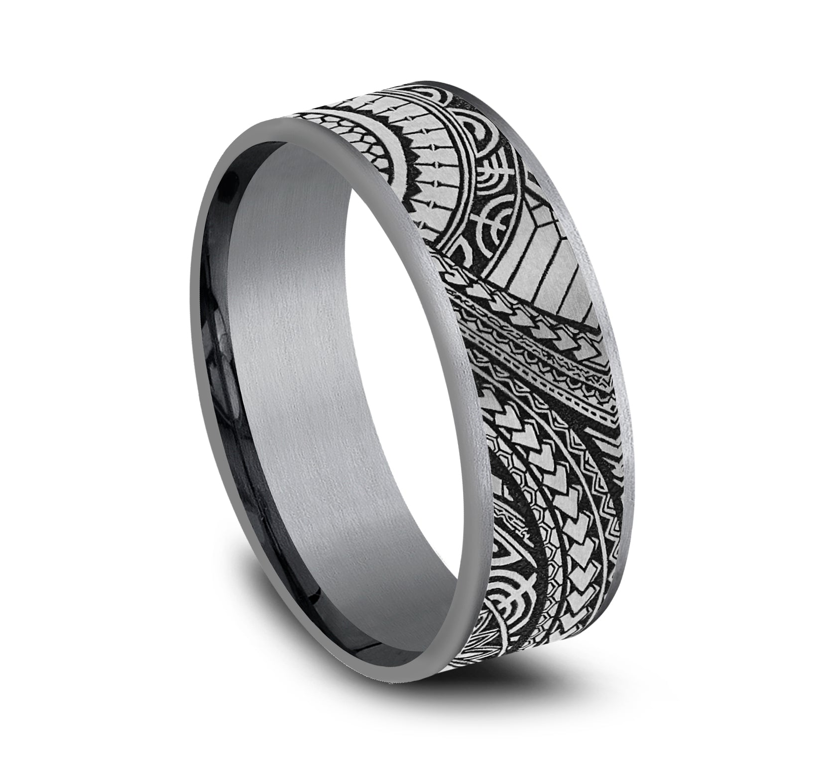 THE POLYNESIAN 7.5mm, Comfort fit, Grey Tantalum and Grey-Black Titanium, Polynesian inspired design, thin edges