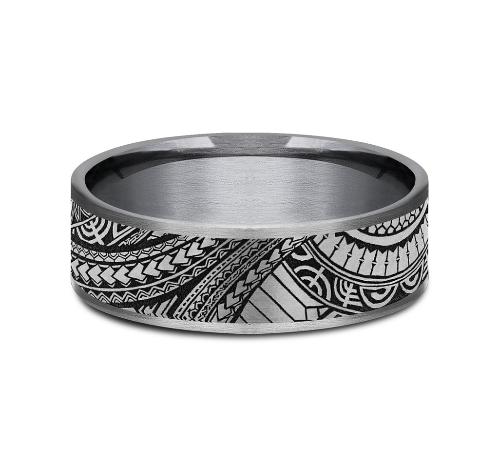THE POLYNESIAN 7.5mm, Comfort fit, Grey Tantalum and Grey-Black Titanium, Polynesian inspired design, thin edges