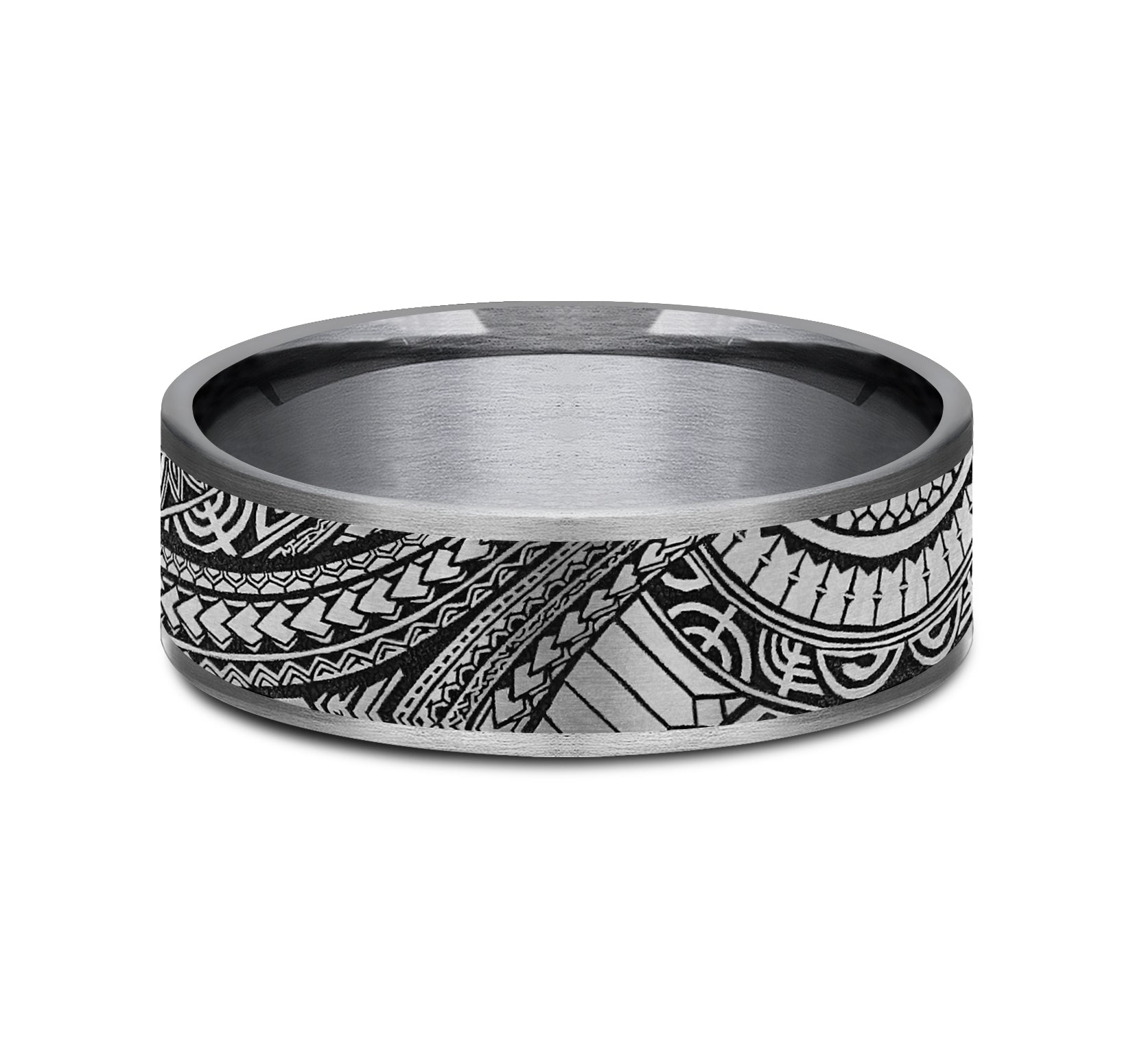THE POLYNESIAN 7.5mm, Comfort fit, Grey Tantalum and Grey-Black Titanium, Polynesian inspired design, thin edges
