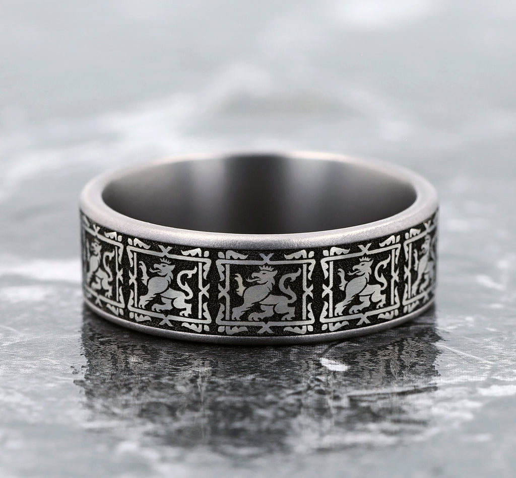 THE GUARDIAN 7.5mm, Comfort fit, Grey Tantalum and Grey/Black Titanium, Griffin pattern, thin edges