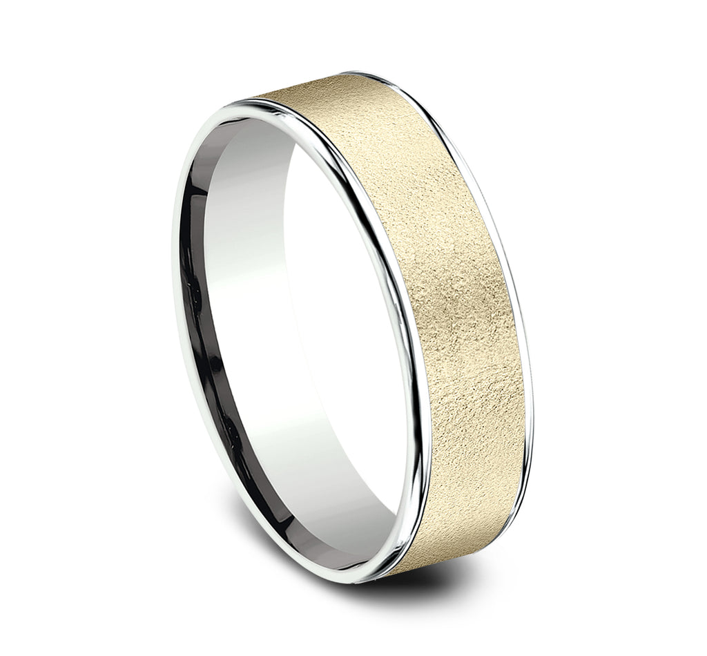 THE SERGEANT 6.5mm, Comfort fit, 14K White and Yellow Gold, Wire brush center, thin edges
