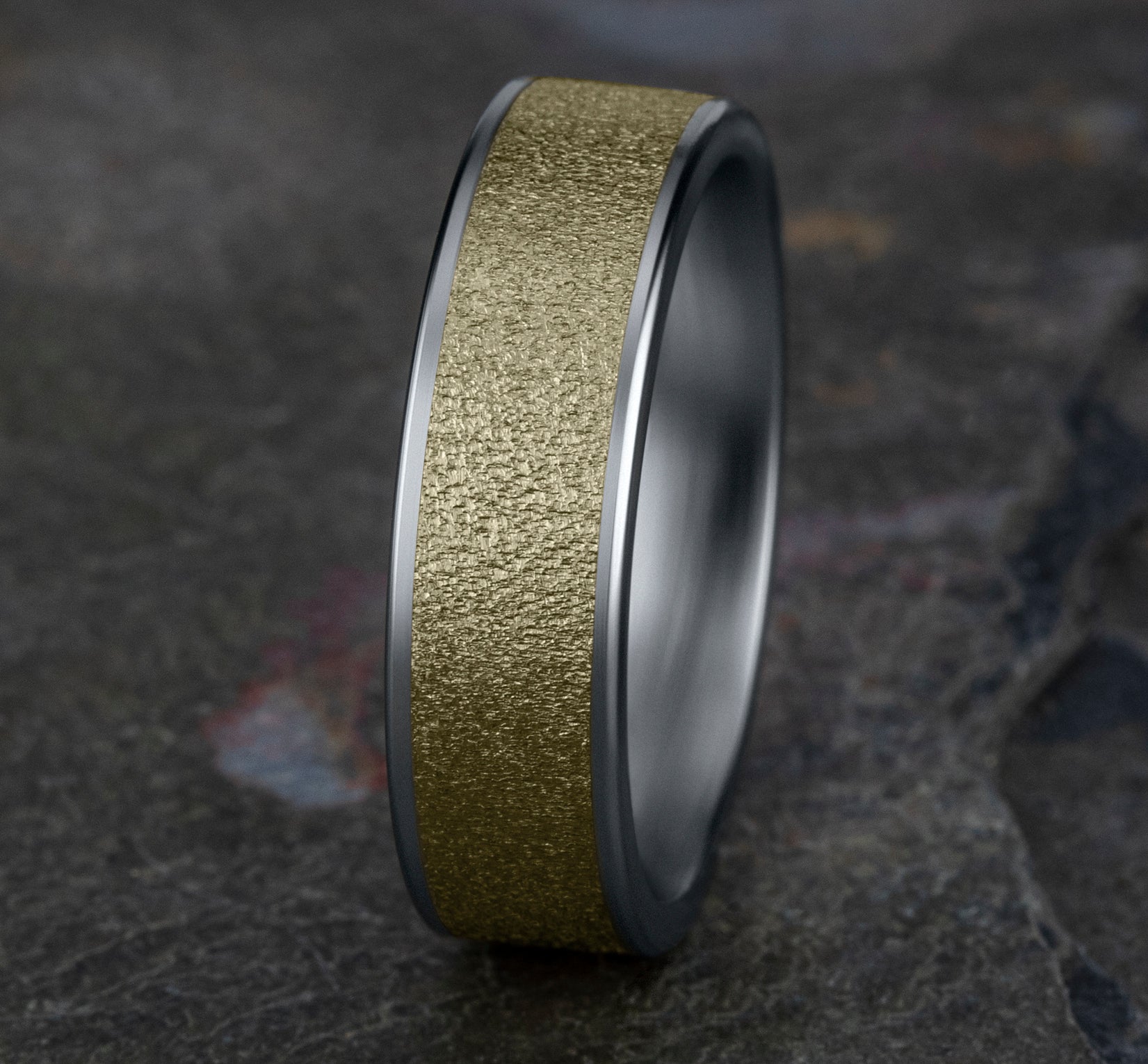 THE SERGEANT 6.5mm, Comfort fit, 14K White and Yellow Gold, Wire brush center, thin edges