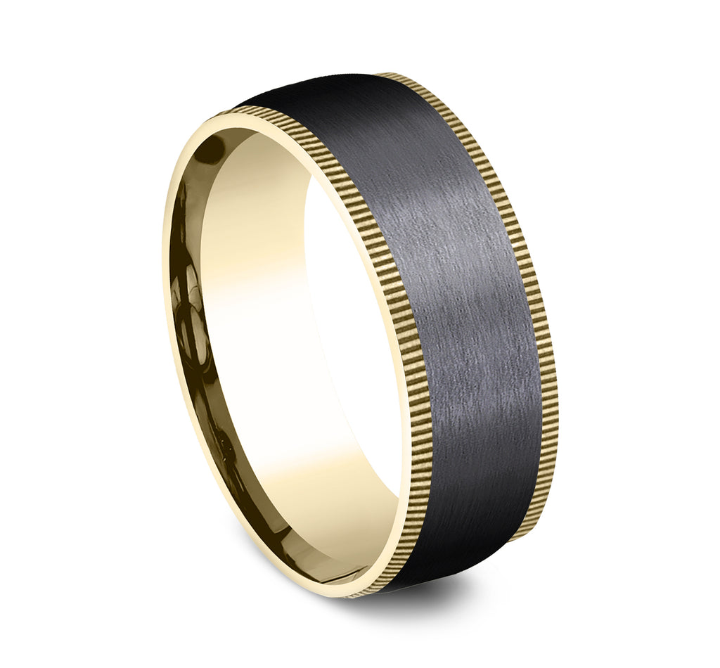THE MENTOR 8mm, Comfort fit, 14K Yellow Gold and Black Titanium, Satin center, milgrain edges