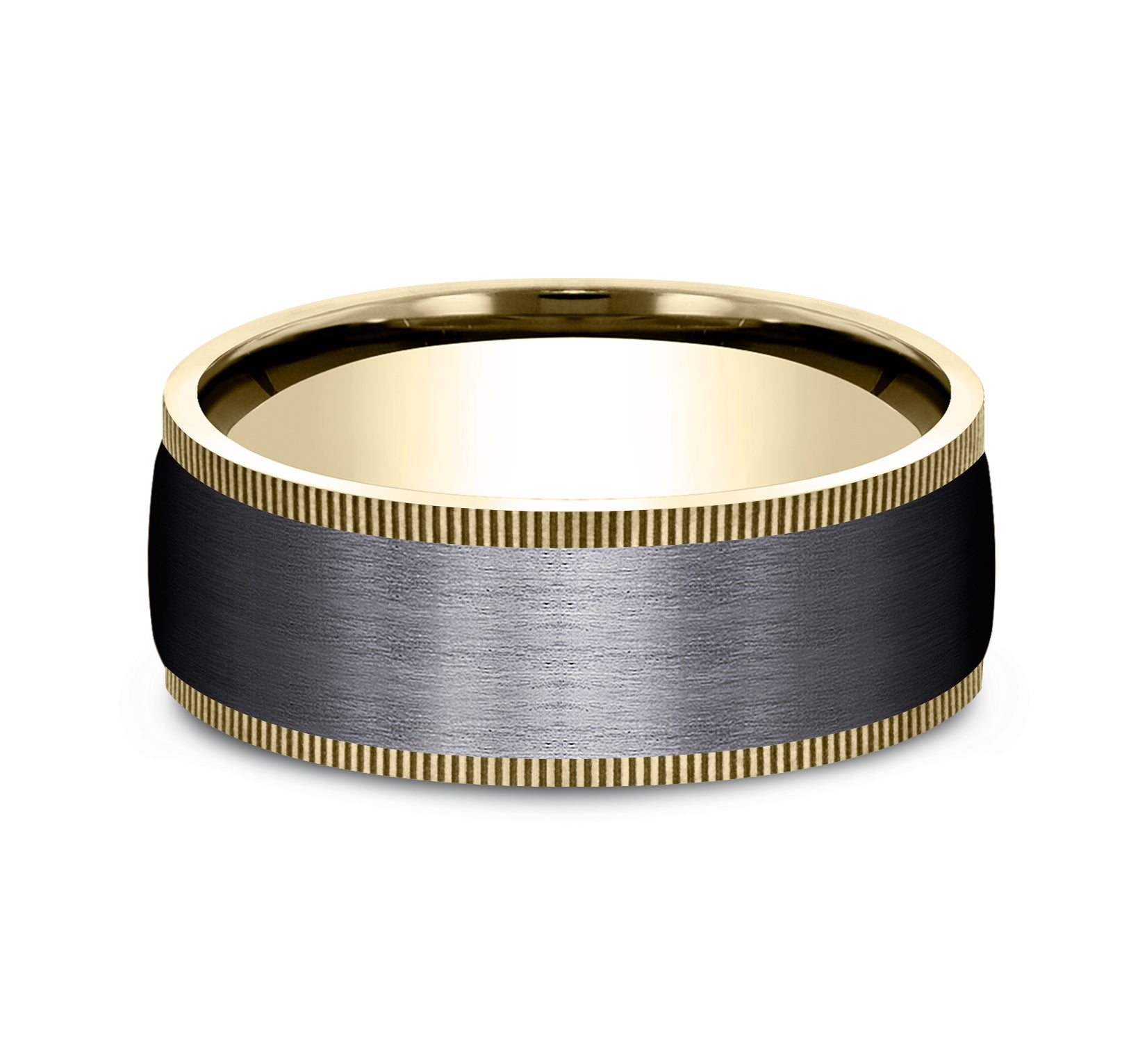 THE MENTOR 8mm, Comfort fit, 14K Yellow Gold and Black Titanium, Satin center, milgrain edges