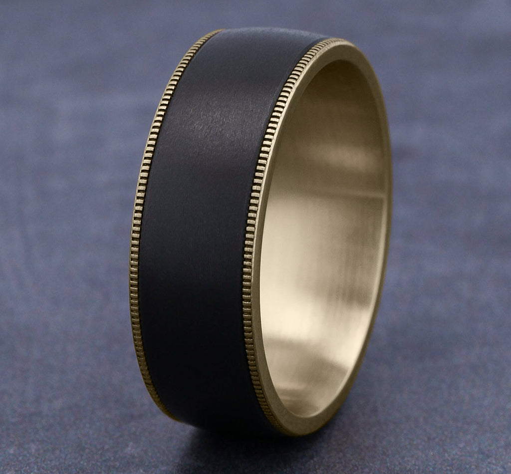 THE MENTOR 8mm, Comfort fit, 14K Yellow Gold and Black Titanium, Satin center, milgrain edges