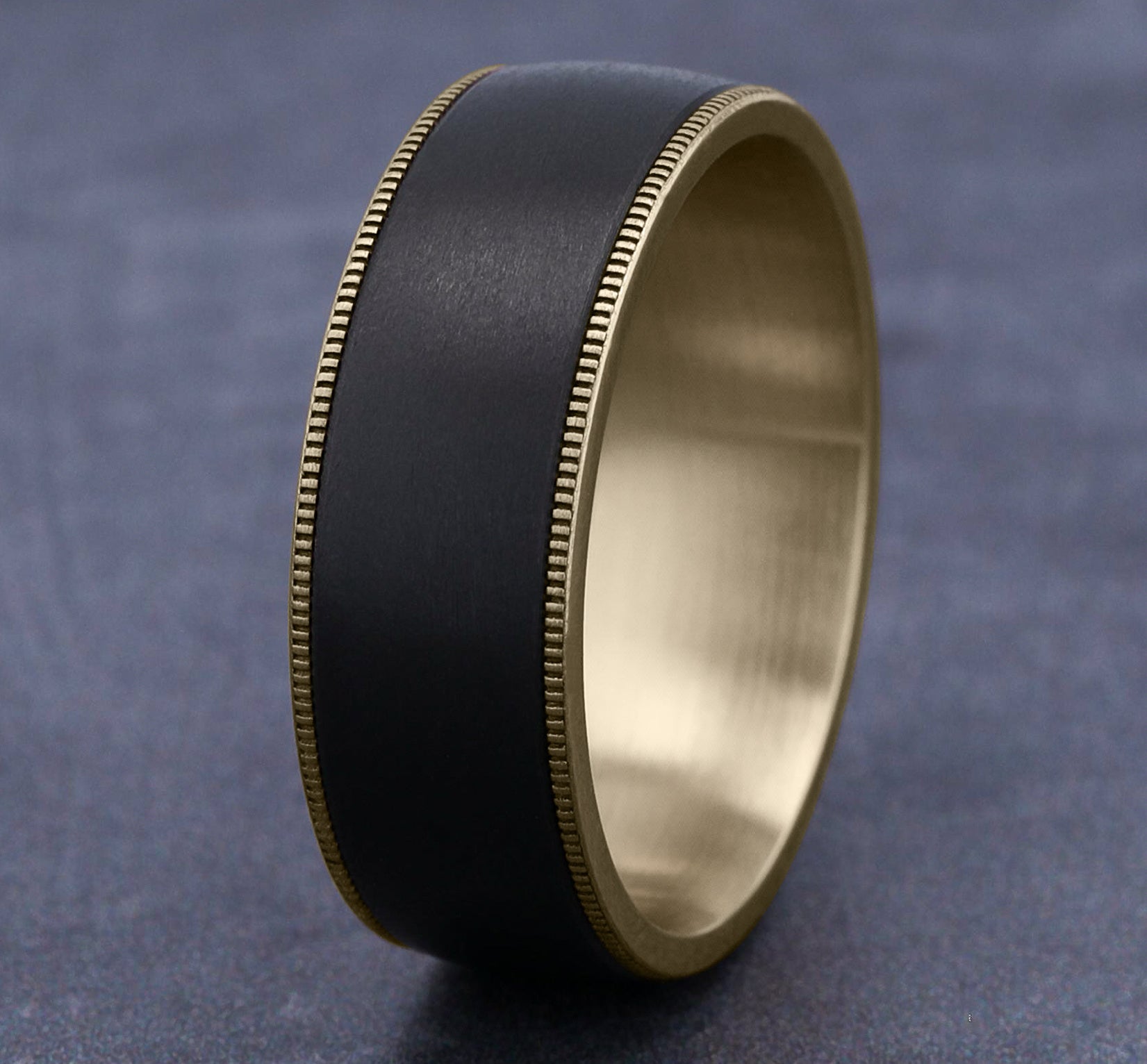 THE MENTOR 8mm, Comfort fit, 14K Yellow Gold and Black Titanium, Satin center, milgrain edges