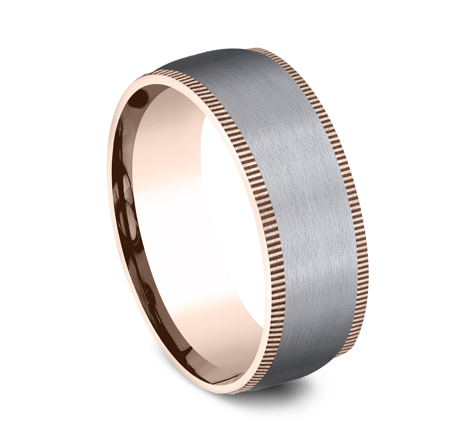 THE MENTOR 8mm, Comfort fit, 14K Rose Gold and Grey Tantalum, Satin center, milgrain edges