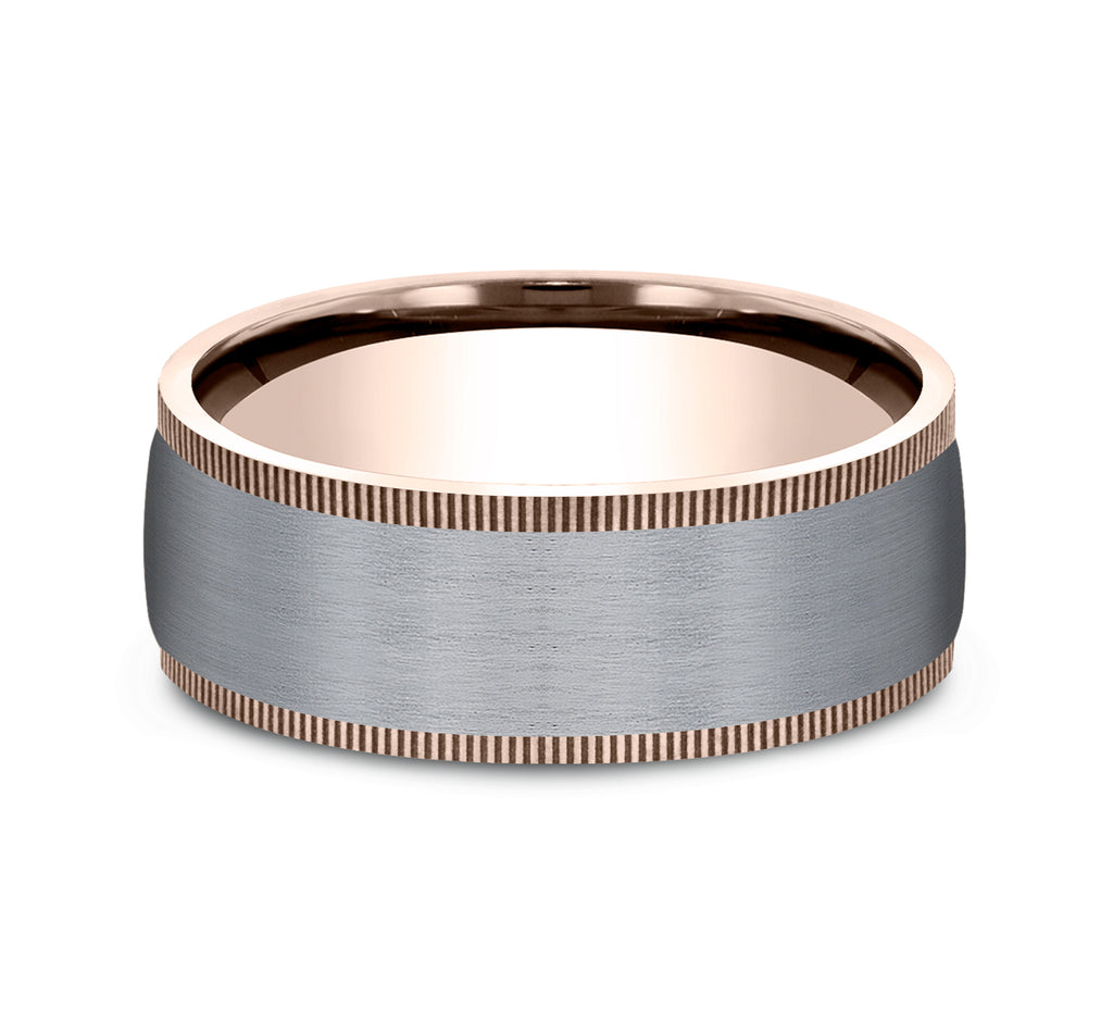 THE MENTOR 8mm, Comfort fit, 14K Rose Gold and Grey Tantalum, Satin center, milgrain edges