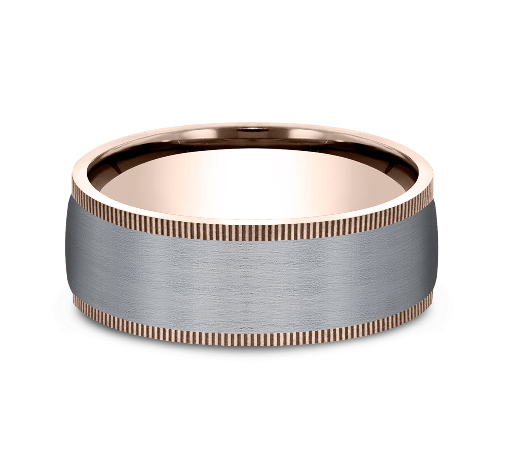 THE MENTOR 8mm, Comfort fit, 14K Rose Gold and Grey Tantalum, Satin center, milgrain edges