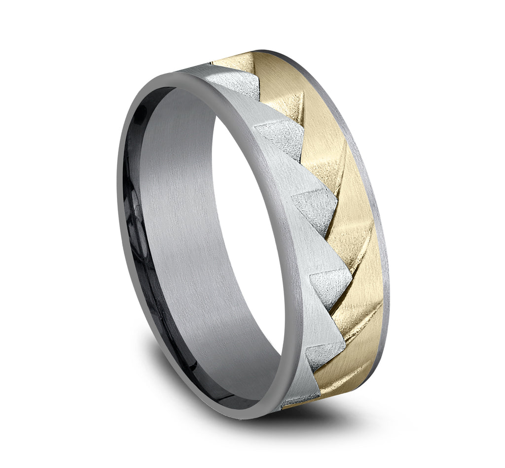 THE RANGE 7.5mm, Comfort fit, Grey Tantalum, 14K White and Yellow Gold, Saw tooth pattern, thin edges