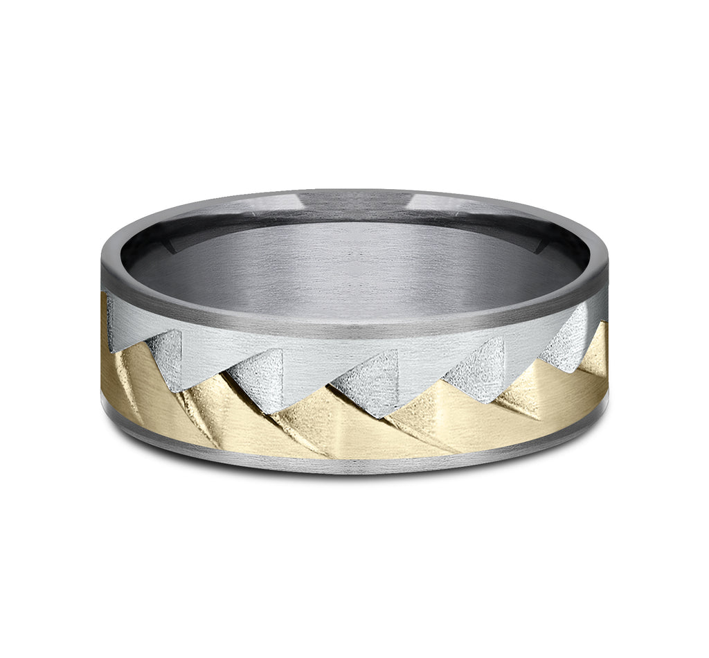 THE RANGE 7.5mm, Comfort fit, Grey Tantalum, 14K White and Yellow Gold, Saw tooth pattern, thin edges