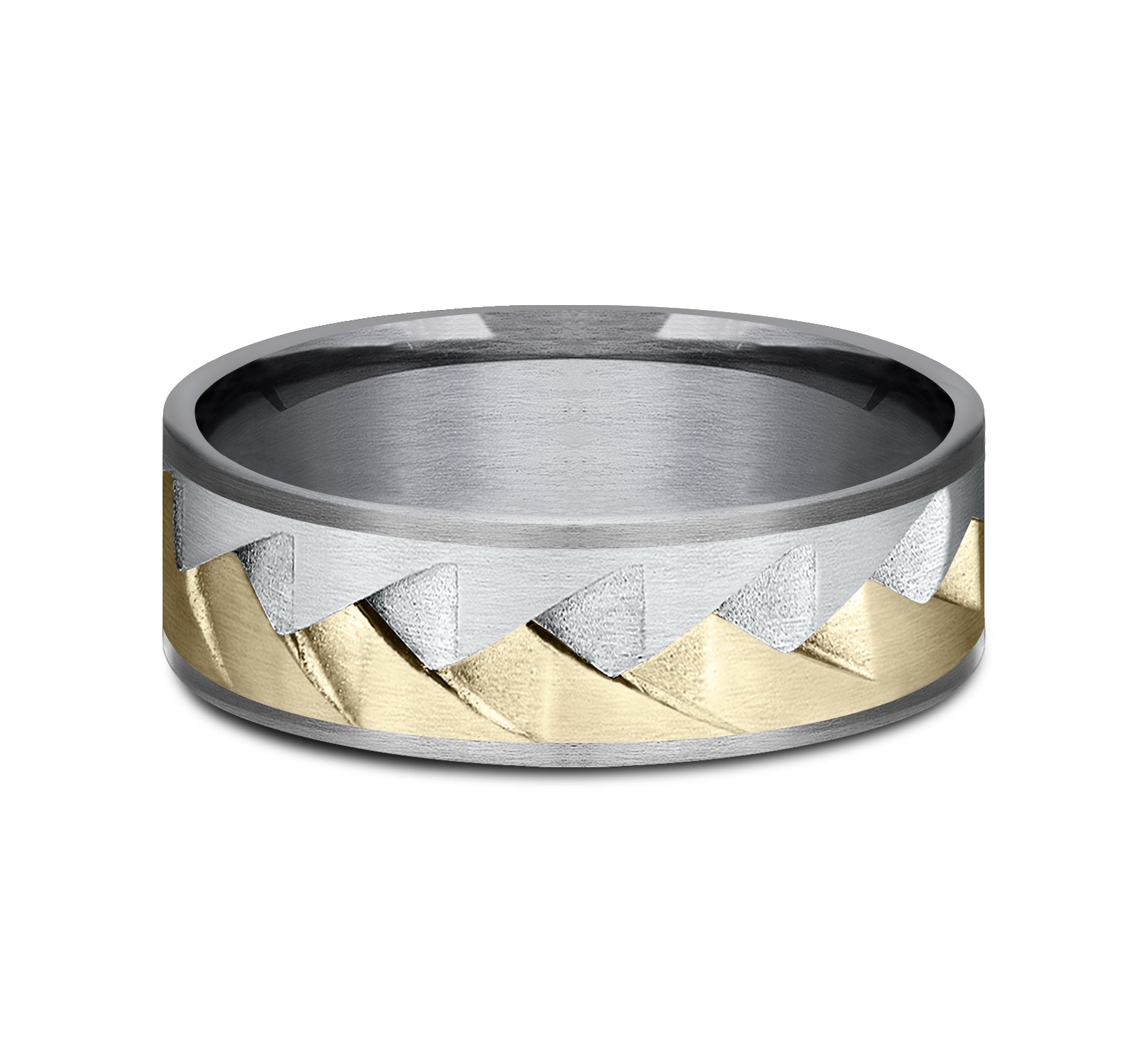 THE RANGE 7.5mm, Comfort fit, Grey Tantalum, 14K White and Yellow Gold, Saw tooth pattern, thin edges