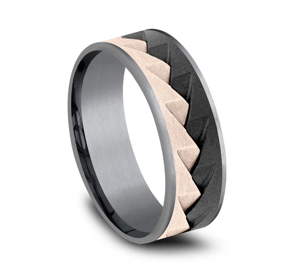 THE RANGE 7.5mm, Comfort fit, Grey Tantalum, Black Titanium, and 14K Rose Gold, Saw tooth pattern, thin edges