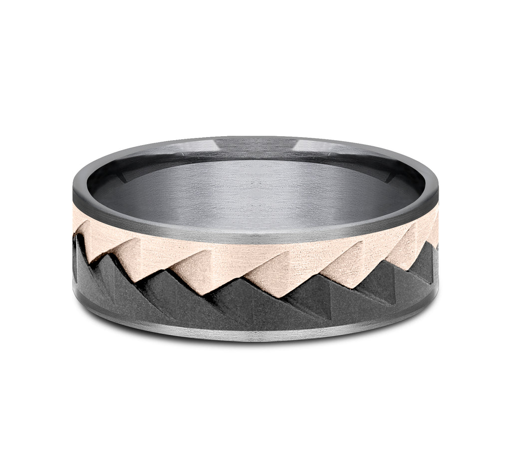 THE RANGE 7.5mm, Comfort fit, Grey Tantalum, Black Titanium, and 14K Rose Gold, Saw tooth pattern, thin edges