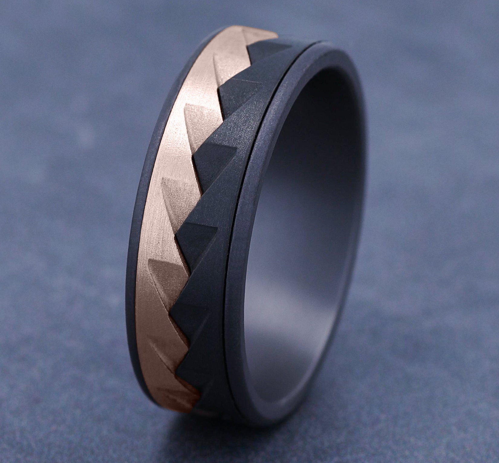 THE RANGE 7.5mm, Comfort fit, Grey Tantalum, Black Titanium, and 14K Rose Gold, Saw tooth pattern, thin edges
