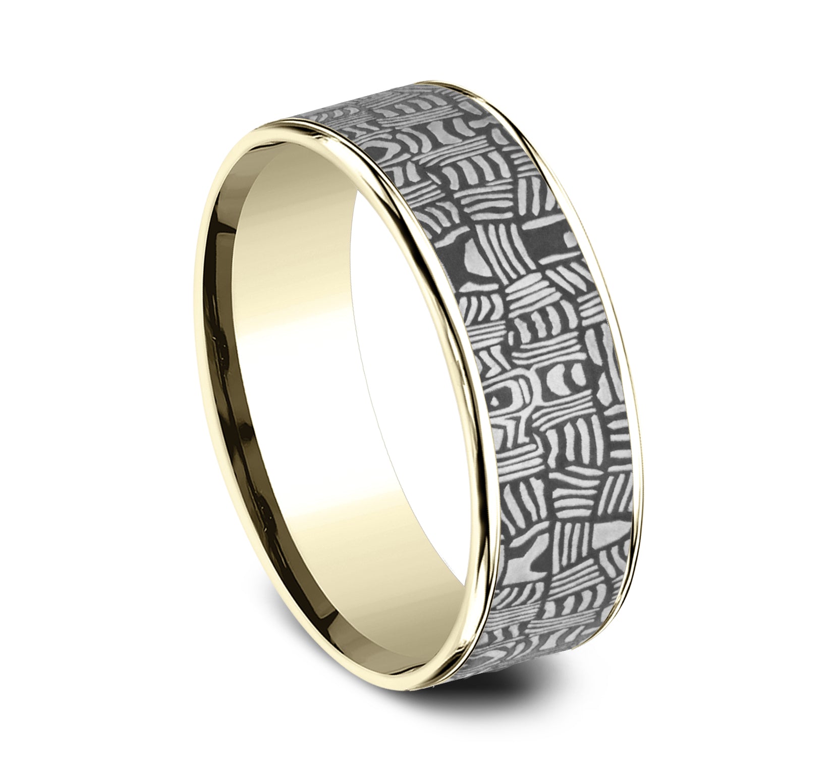 THE BASKET WEAVE 7.5mm, Comfort fit, 14K Yellow Gold and Darkened Tantalum, Unique Tamascus designed center, thin edges