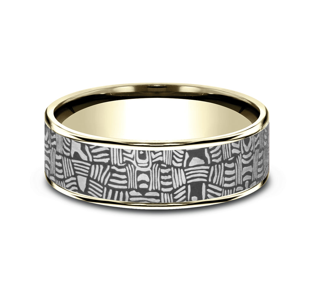 THE BASKET WEAVE 7.5mm, Comfort fit, 14K Yellow Gold and Darkened Tantalum, Unique Tamascus designed center, thin edges