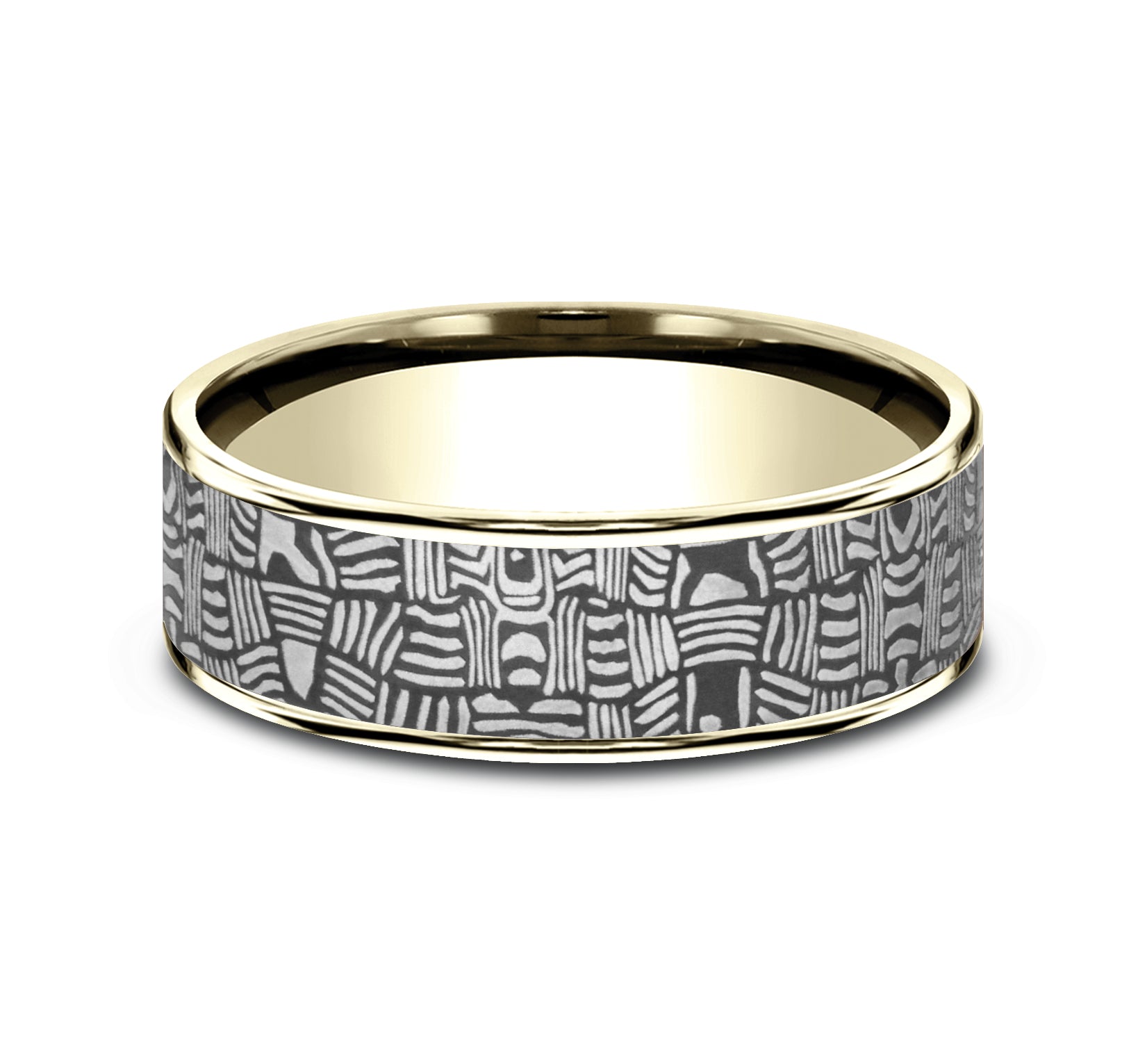 THE BASKET WEAVE 7.5mm, Comfort fit, 14K Yellow Gold and Darkened Tantalum, Unique Tamascus designed center, thin edges