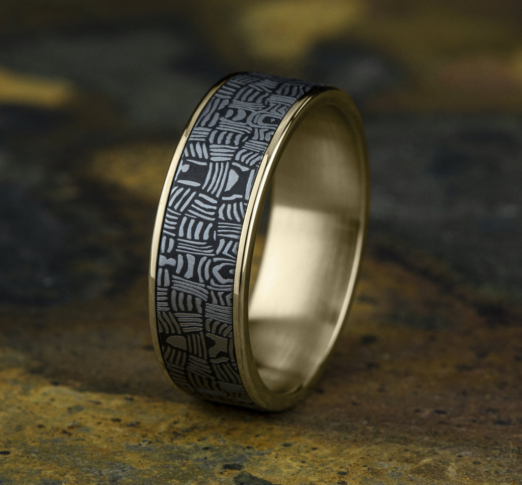THE BASKET WEAVE 7.5mm, Comfort fit, 14K Yellow Gold and Darkened Tantalum, Unique Tamascus designed center, thin edges