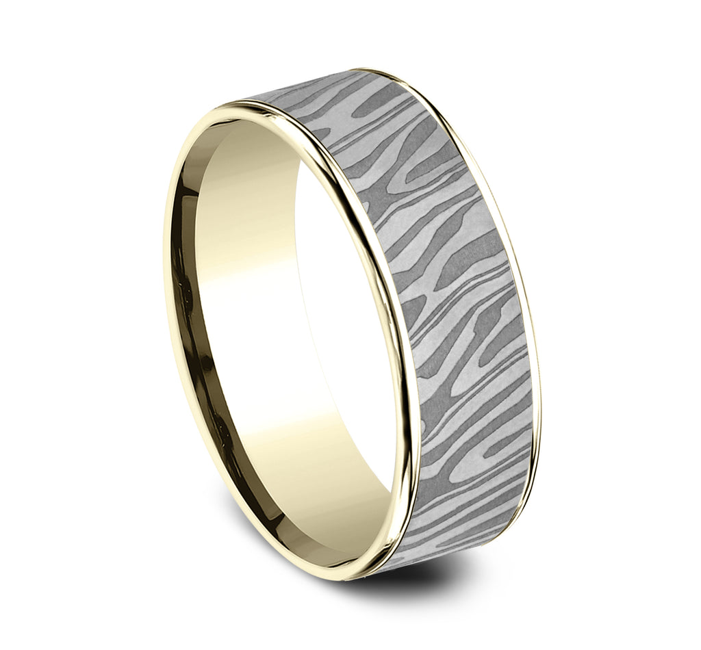 THE TIGER STRIPE 7.5mm, Comfort fit, 14K Yellow Gold and Grey Tantalum, Unique Tamascus designed center, thin edges