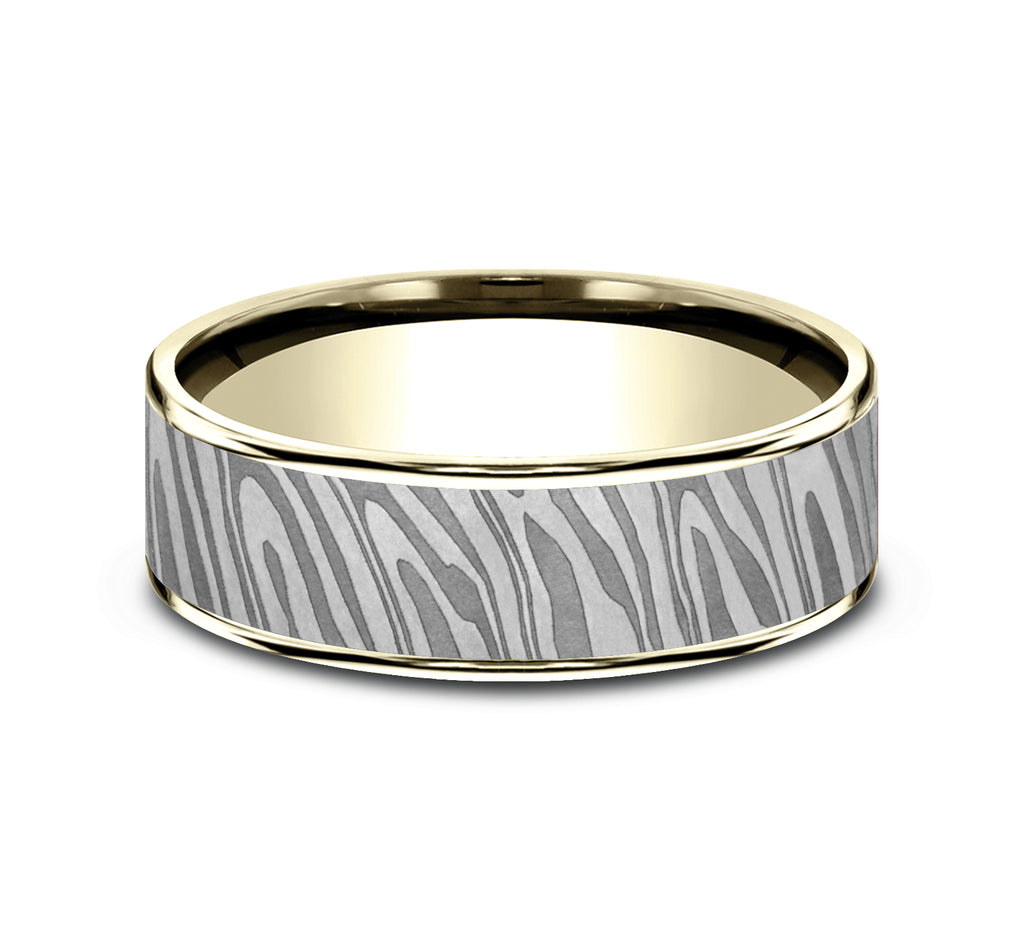 THE TIGER STRIPE 7.5mm, Comfort fit, 14K Yellow Gold and Grey Tantalum, Unique Tamascus designed center, thin edges