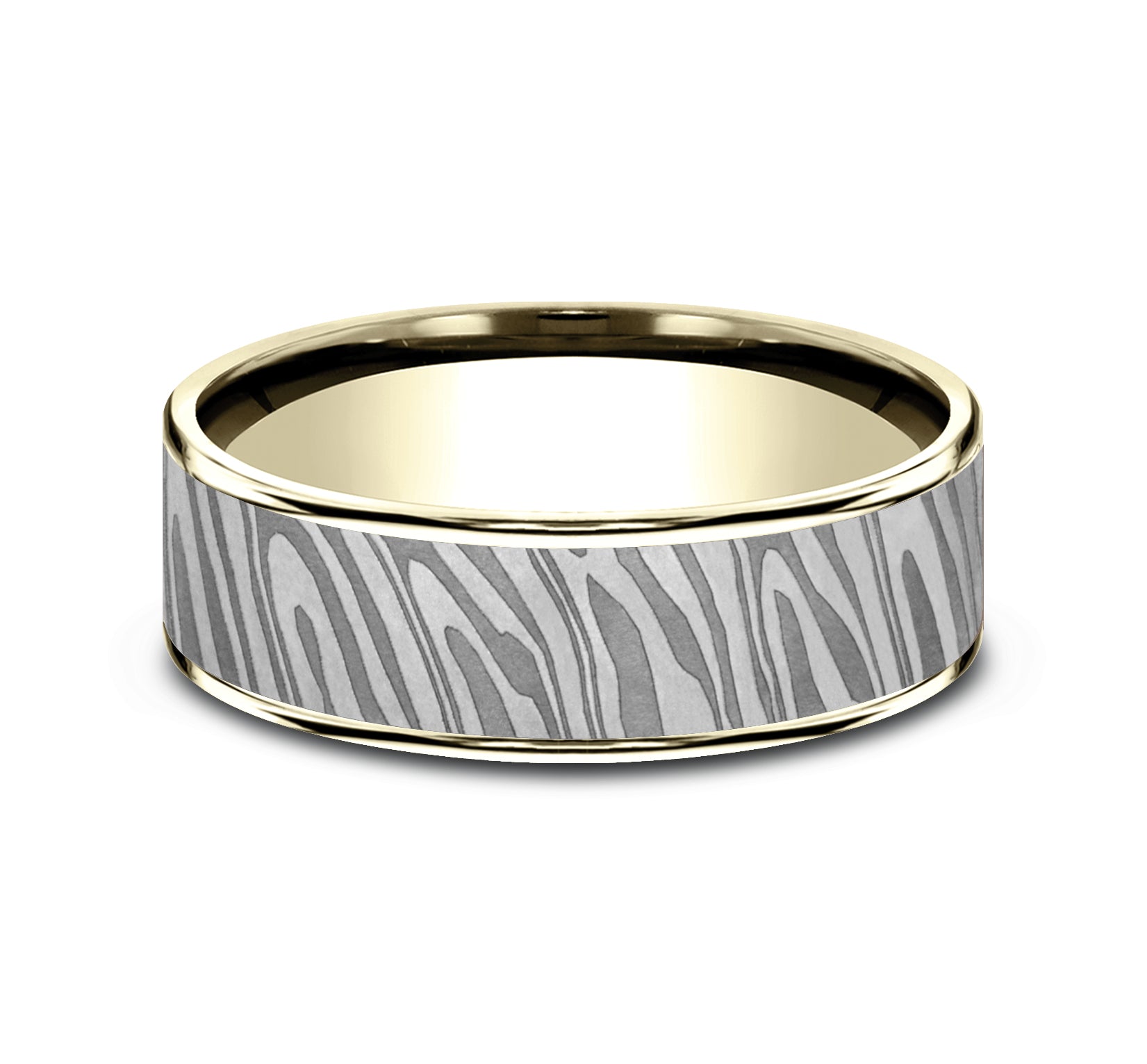 THE TIGER STRIPE 7.5mm, Comfort fit, 14K Yellow Gold and Grey Tantalum, Unique Tamascus designed center, thin edges