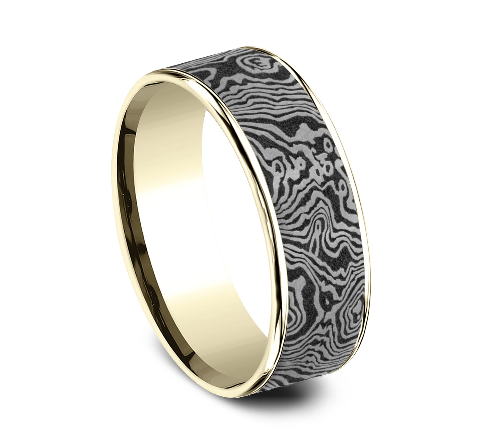THE TORSION 7.5mm, Comfort fit, 14K Yellow Gold and Grey Tantalum, Unique Tamascus designed center, thin edges