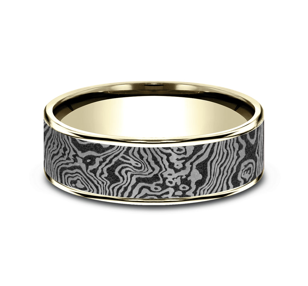 THE TORSION 7.5mm, Comfort fit, 14K Yellow Gold and Grey Tantalum, Unique Tamascus designed center, thin edges