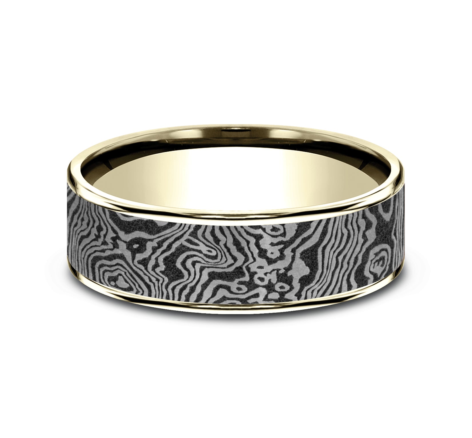 THE TORSION 7.5mm, Comfort fit, 14K Yellow Gold and Grey Tantalum, Unique Tamascus designed center, thin edges