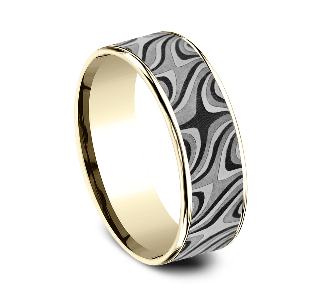 THE SATURN 7.5mm, Comfort fit, 14K Yellow Gold and Grey Tantalum, Unique Tamascus designed center, thin edges