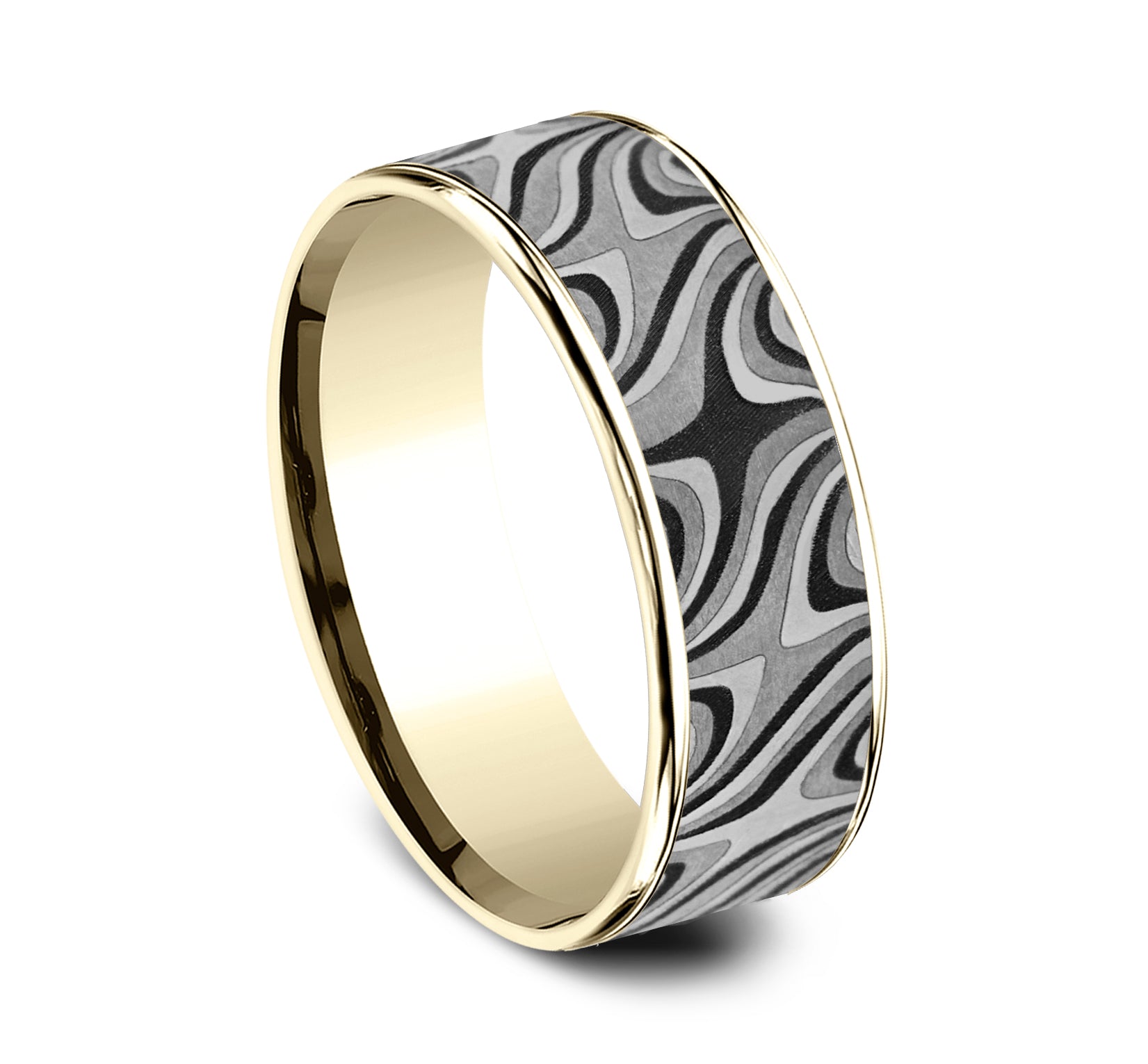 THE SATURN 7.5mm, Comfort fit, 14K Yellow Gold and Grey Tantalum, Unique Tamascus designed center, thin edges