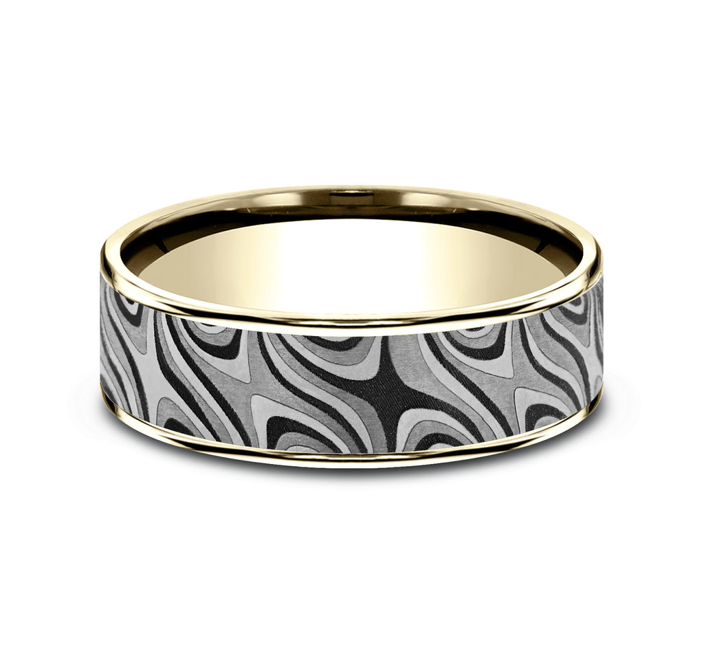 THE SATURN 7.5mm, Comfort fit, 14K Yellow Gold and Grey Tantalum, Unique Tamascus designed center, thin edges