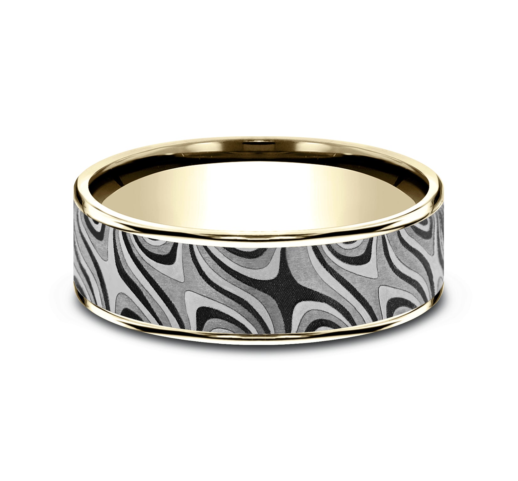 THE SATURN 7.5mm, Comfort fit, 14K Yellow Gold and Grey Tantalum, Unique Tamascus designed center, thin edges
