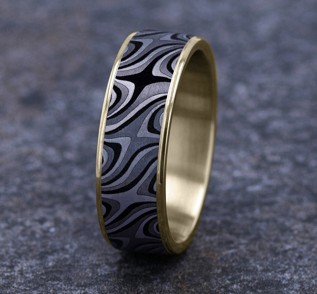 THE SATURN 7.5mm, Comfort fit, 14K Yellow Gold and Grey Tantalum, Unique Tamascus designed center, thin edges