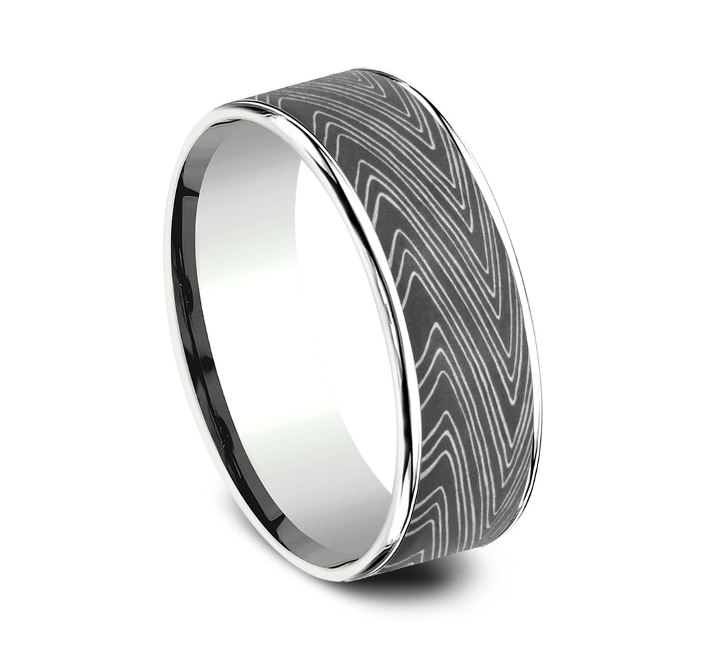 THE HERRINGBONE 7.5mm, Comfort fit, 14K White Gold and Darkened Tantalum, Unique Tamascus designed center, thin edges